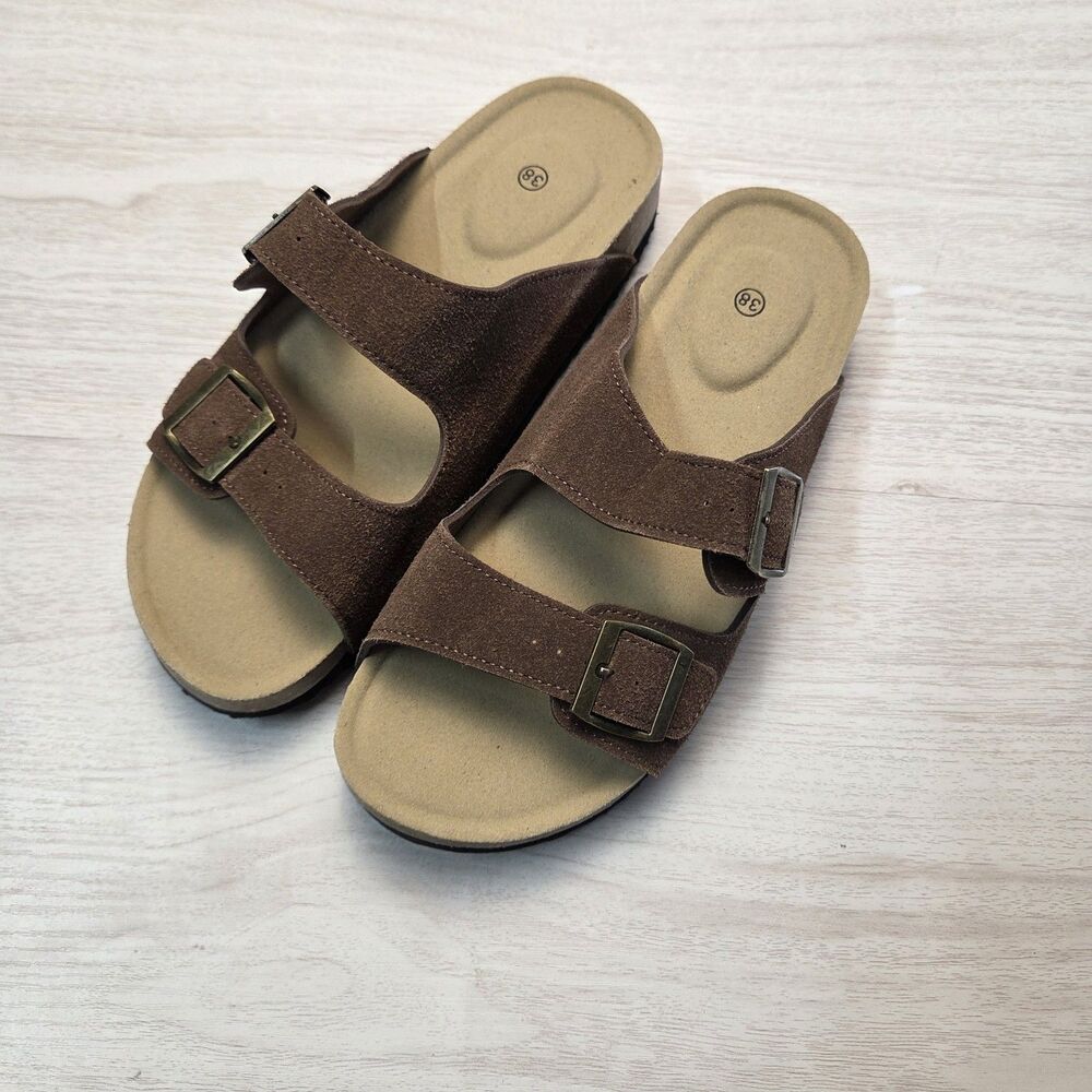 Womens Unbranded Brown Faux Suede Double Buckle Comfort Slide Sandals 7.5 Boho